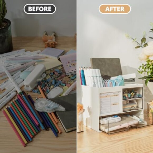 White Desk Organizer with 3 Drawers, 8 Compartments for Office Supplies - Picture 4 of 8